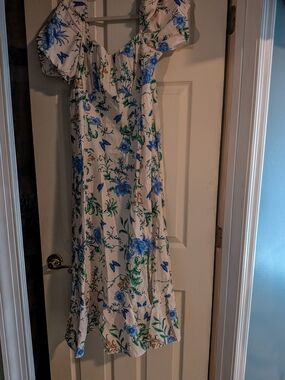 London Times White Midi Dress with Blue & Green Floral Print